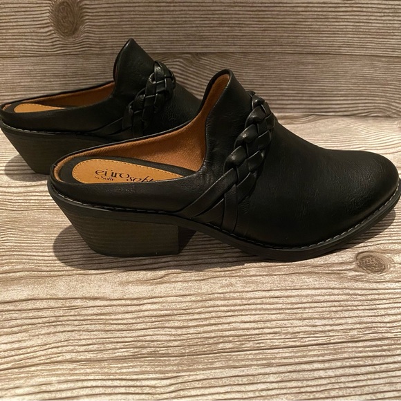 Euro Soft Black Leather Heeled Clogs- Size 8.5 M - Picture 3 of 8